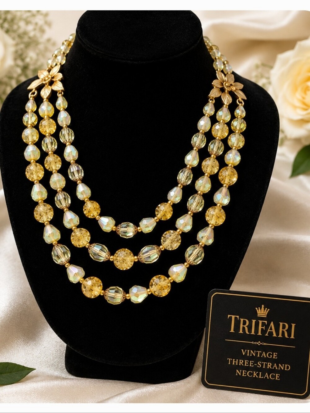 Vintage Trifari 3-Strand Aurora Borealis Beaded Statement Necklace Gold Tone 17"